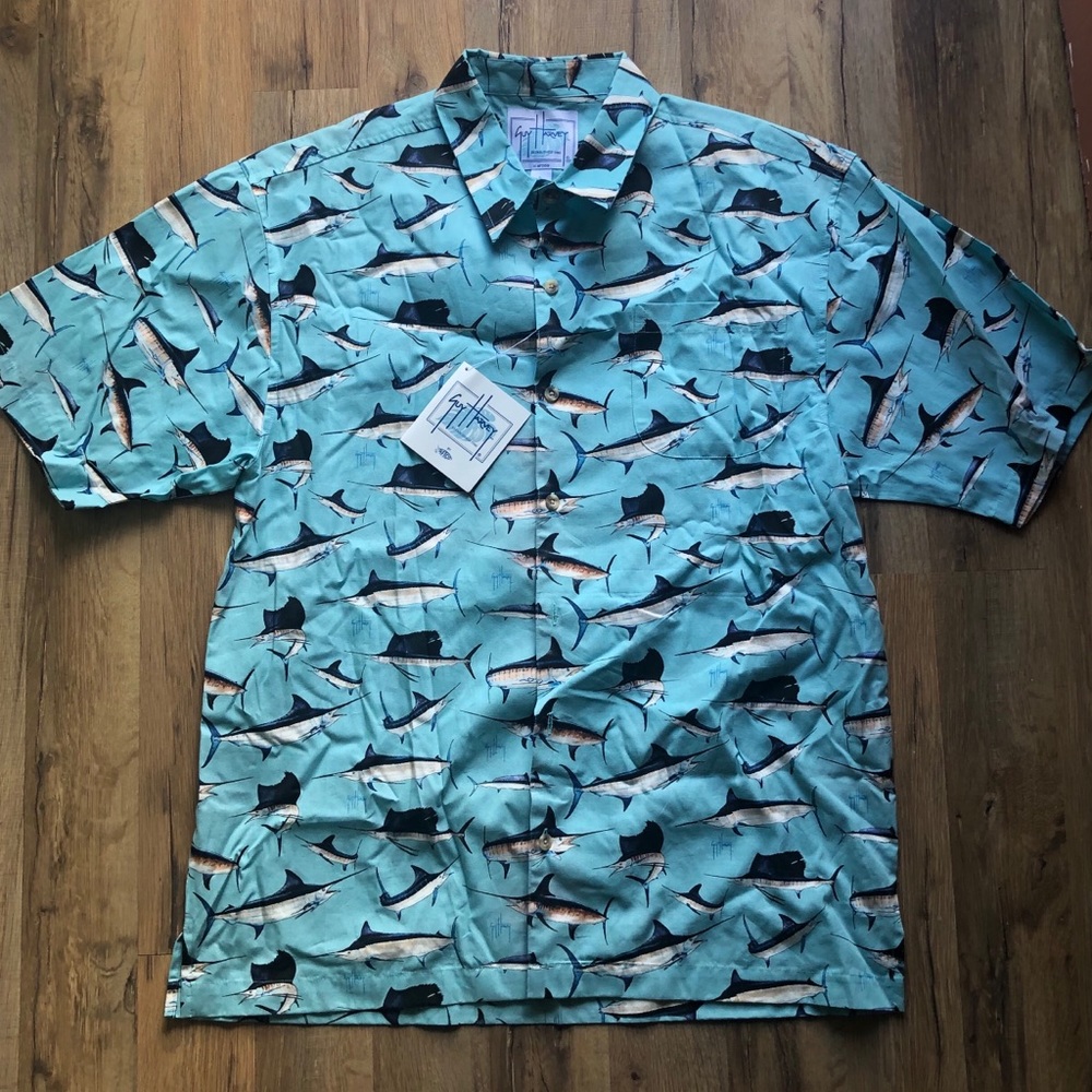 NWT Guy Harvey Button Up, Blue & Fish, Large